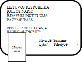LIETUVOS RESPUBLIKA                                       ĮGULOS NARIO                                                                                             
IŠDAVUSI INSTITUCIJA:                                        PAŽYMĖJIMAS

REPUBLIC OF LITHUANIA	          CREW MEMBER
ISSUING AUTHORITY:	          CERTIFICATE

Pavardė/ Surname	Vardas/ Given name		  
Lytis/	Pilietybė/	Gimimo data/		Sex	Nationality	Date of birth

Dirbantis/	Pareigos/
Employed by	Occupation    


Dok. Nr./ DOC No	Galiojimo data/

Date of Expiry/

(Parašas)	
,(Nuotrauka)
