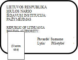 LIETUVOS RESPUBLIKA                                       ĮGULOS NARIO                                                                                             
IŠDAVUSI INSTITUCIJA:                                        PAŽYMĖJIMAS

REPUBLIC OF LITHUANIA	          CREW MEMBER
ISSUING AUTHORITY:	          CERTIFICATE

Pavardė/ Surname	Vardas/ Given name		  
Lytis/	Pilietybė/	Gimimo data/		Sex	Nationality	Date of birth

Dirbantis/	Pareigos/
Employed by	Occupation    


Dok. Nr./ DOC No	Galiojimo data/

Date of Expiry/

(Parašas)	
,(Nuotrauka)
