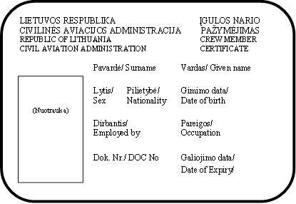 LIETUVOS RESPUBLIKA                                       ĮGULOS NARIO                                                                                             
CIVILINĖS AVIACIJOS ADMINISTRACIJA         PAŽYMĖJIMAS
REPUBLIC OF LITHUANIA	          CREW MEMBER
CIVIL AVIATION ADMINISTRATION	          CERTIFICATE

Pavardė/ Surname	Vardas/ Given name		  
Lytis/	Pilietybė/	Gimimo data/		Sex	Nationality	Date of birth

Dirbantis/	Pareigos/
Employed by	Occupation    


Dok. Nr./ DOC No	Galiojimo data/

Date of Expiry/

(Parašas)	
,(Nuotrauka)
